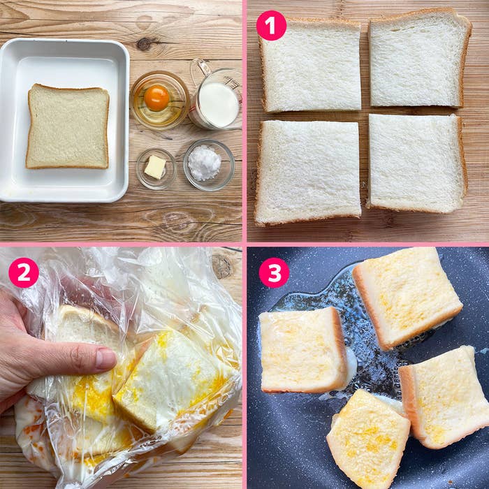 食パンと材料がテーブルに置かれており、パンを袋に入れて卵液に浸す工程、焼成する様子が示されています。
