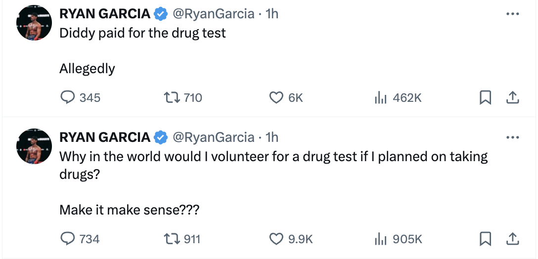 Two tweets by Ryan Garcia discussing a drug test; one questions the sense in volunteering if using drugs