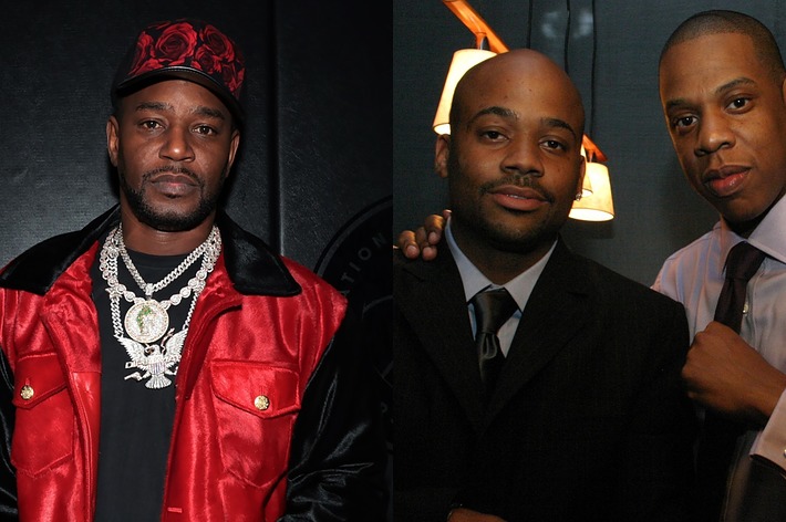 Two side-by-side photos: on the left, Cam'ron in a red and black jacket with jewelry; on the right, Damon Dash and Jay-Z in formal attire