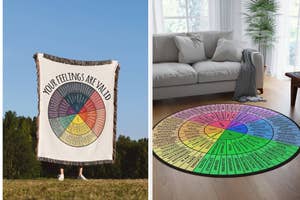 The "Your Feelings AreValid" throw blanket and feelings wheel rug