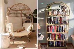 Egg chair with cushions beside a storage bin, and a bookshelf with plants and books