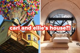 Split image: Left shows a house lifted by balloons from "Up". Right, a modern room with a large clock, text "carl and ellie's house?!"