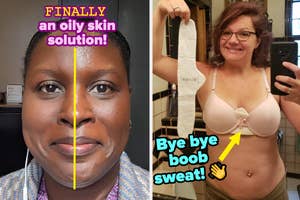 Split image of a woman with before and after skincare results, and a woman demonstrating a product to prevent under-breast sweat