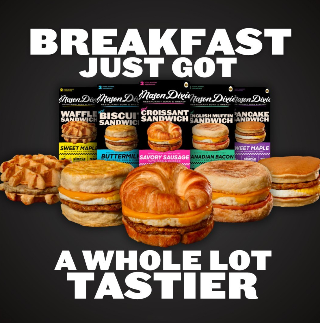 Advertisement for various breakfast sandwiches with descriptive text and flavor tags
