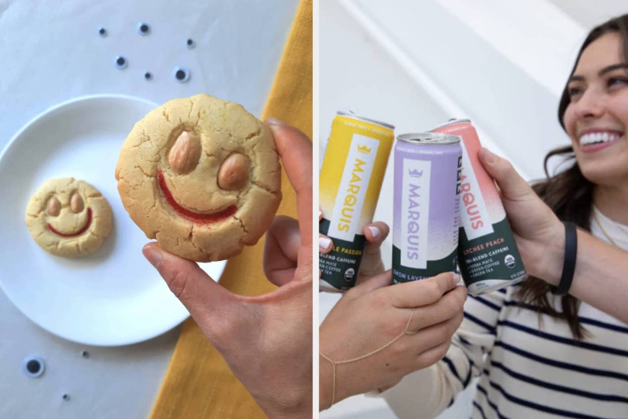 Person holding a smiley cookie and models drinking Marquis drinks