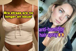 Two photos side-by-side; left shows a woman wearing a no-show strap bra, right features a woman with styled hair, text about anti-humidity spray