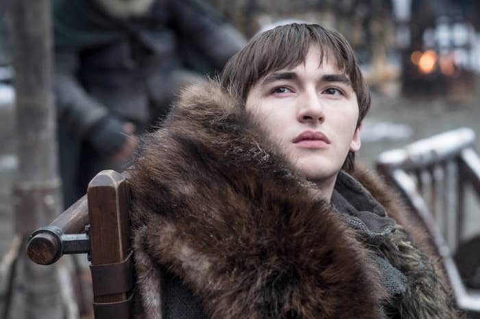 Bran Stark in fur cloak sits in a wooden wheelchair, thoughtful expression, medieval setting in background