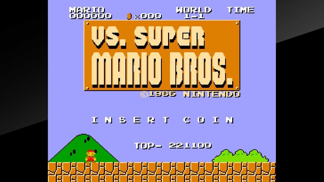 ゲーム画面、「VS SUPER MARIO BROS」のタイトルが表示されている。Marioがスタート地点に立っている。