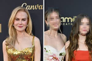 左側: ニコール・キッドマンがゴールドのドレスを着てレッドカーペットに立つ。右側: 人物2名、顔はぼかされて識別不可。