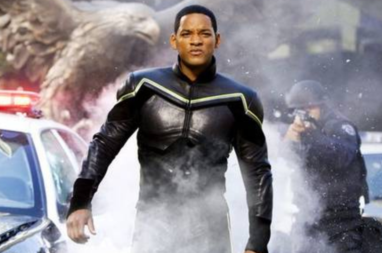 Man in a superhero costume stands confidently with special effects in the background