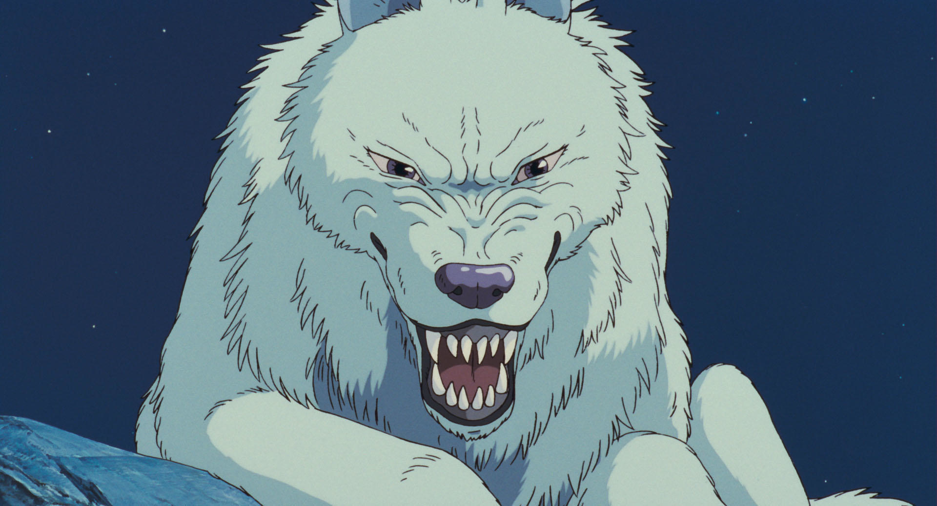 アニメーションの狼のキャラクター、牙をむき出しにして威嚇している様子。