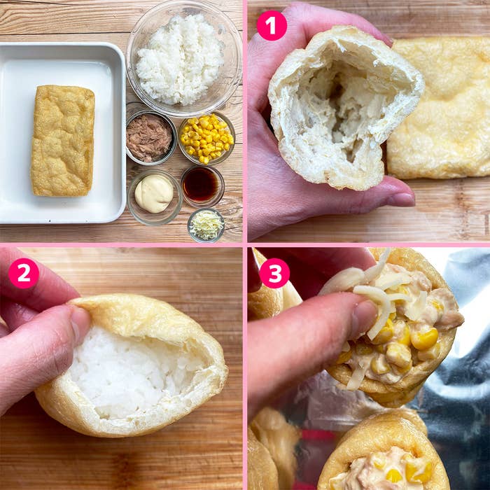 油揚げにご飯、ツナ、コーン、チーズを詰め、調味料を備えた料理プロセスのコラージュ。