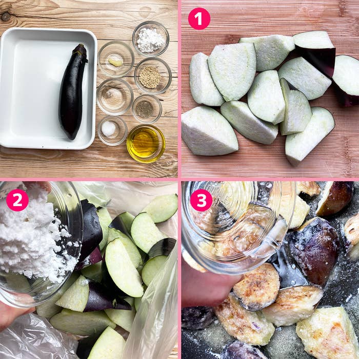 調理手順の写真。1. ナスを切る。2. 切ったナスに片栗粉をまぶす。3. 焼いたナスに調味料をかける。