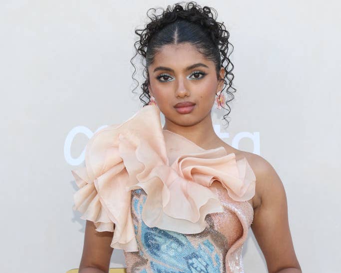 Avantika poses on the red carpet in an off-the-shoulder gown featuring ruffles and intricate patterns