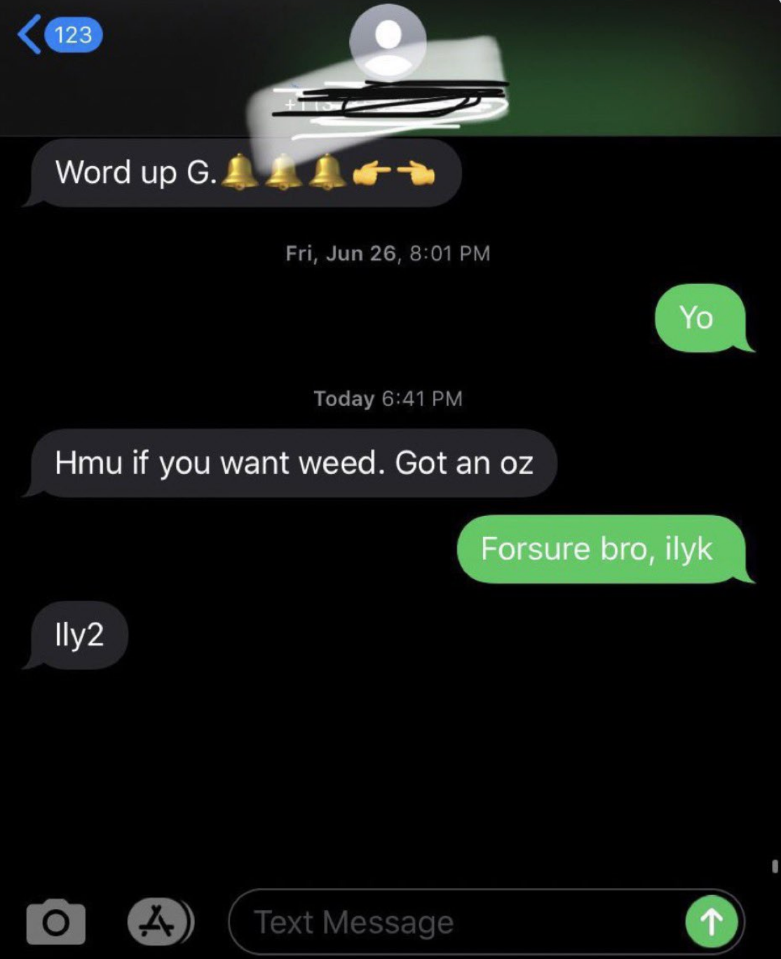 Text conversation about obtaining weed, with one person offering a specific amount and the other confirming interest
