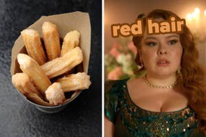 Churros in a brown paper cone are on the left. On the right, a woman with red hair in a green dress looks surprised. Text over her reads "red hair."