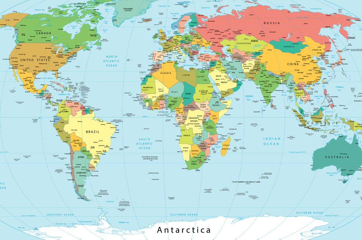 World map with countries marked in different shades, names labeled, and Antarctica at the bottom