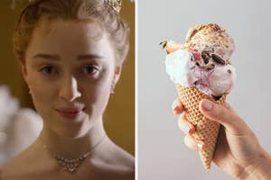 A woman with an elegant updo hairstyle and a pearl necklace smiles next to a hand holding a waffle cone topped with ice cream and a strawberry