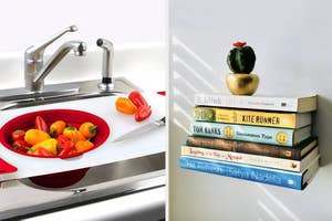 On the left, various bell peppers are being prepared on a cutting board. On the right, a cactus in a white pot sits on a stack of books