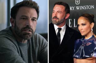 Left: Ben Affleck wearing a gray sweater. Right: Ben Affleck in a black suit and Jennifer Lopez in a futuristic metallic outfit at an event