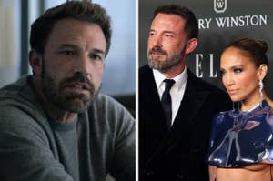 Left: Ben Affleck wearing a gray sweater. Right: Ben Affleck in a black suit and Jennifer Lopez in a futuristic metallic outfit at an event