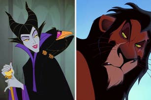 Maleficent stands with her raven on her shoulder; Scar looks serious in profile. Both characters are from Disney movies