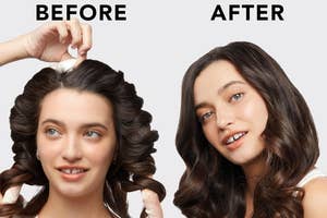 Before and after images of a woman named showing natural curls achieved with a hair product. Text reads: "Get natural curls all day."