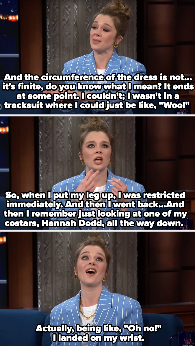 Claudia explains that when she kicked, she was restricted by her dress, fell back, and landed on her wrist