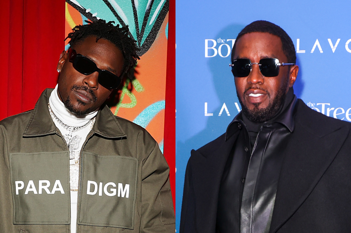 Antonio Brown and Puff Daddy, both wearing sunglasses and jackets, are posing in separate photos side by side. Antonio is on the left, Puff is on the right