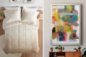 a shaggy bed comforter set and abstract wall art painting