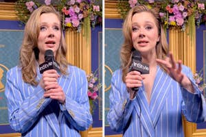 Two images of a person in a matching striped suit holding an InStyle microphone, speaking passionately on a decorative floral backdrop