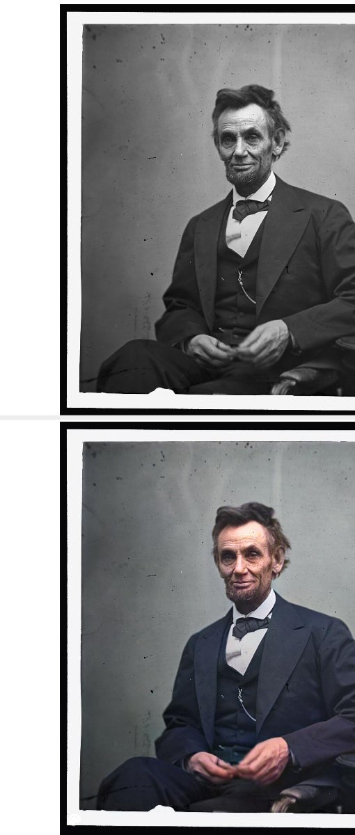 Abraham Lincoln, duduk, memegang kacamata dan tas sederhana, mengenakan jas dengan dasi kupu-kupu.  Satu foto berwarna hitam putih, satu lagi berwarna