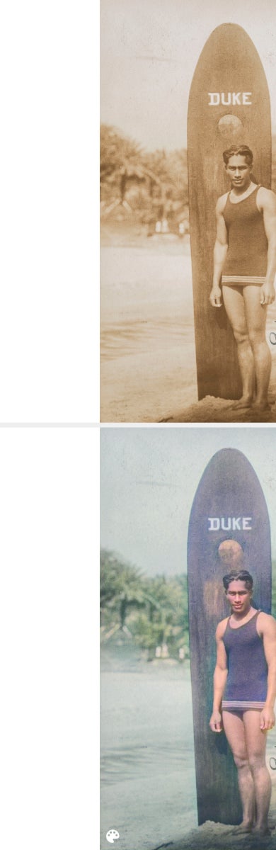 Gambar atas: Duke Kahanamoku berdiri di samping papan selancar berlabel 