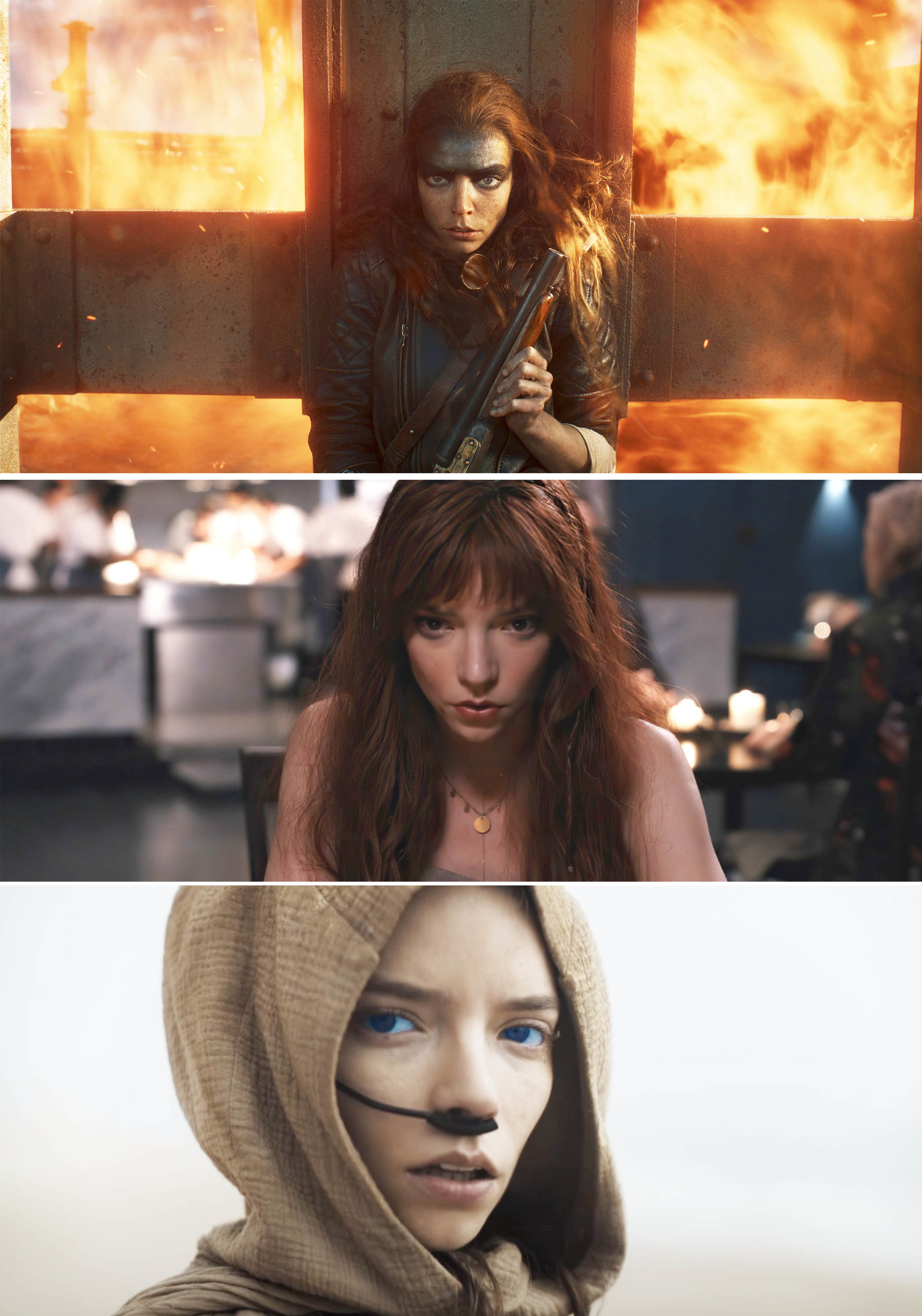 Anya Taylor-Joy in three scenes: holding a weapon in front of flames, seated in a restaurant, and wearing a hooded garment