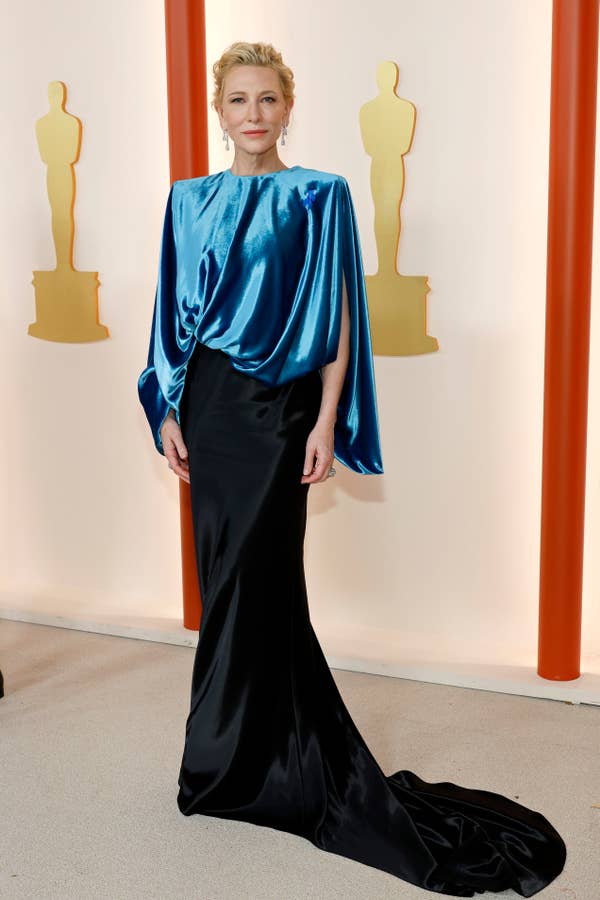 Cate Blanchett on the red carpet, wearing a flowing satin top with wide sleeves and a fitted skirt