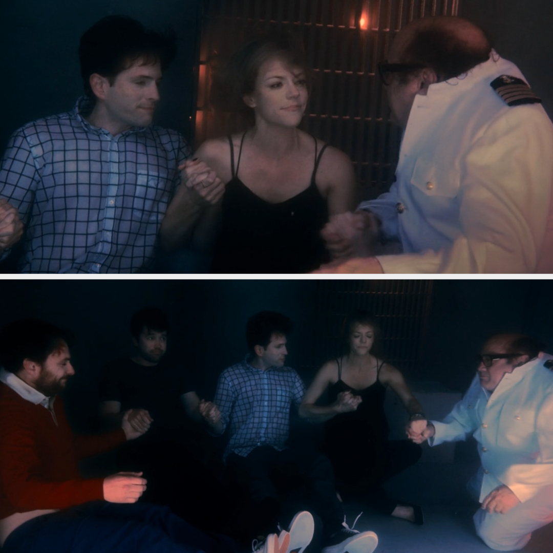 in a scene, the cast members hold hands underwater