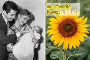 A man and a woman smile at a newborn in a christening gown. Beside them is an image of a sunflower with the text "your favorite flower:"