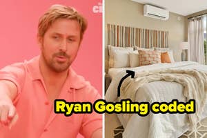 Ryan Gosling in a casual shirt on the left, and a stylishly decorated bedroom with an arrow pointing to the bed on the right, with text "Ryan Gosling coded."