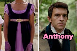 On the left, a closeup of Kate's Regency era dress on Bridgerton, and on the right, Jonathan Bailey as Anthony on Bridgerton