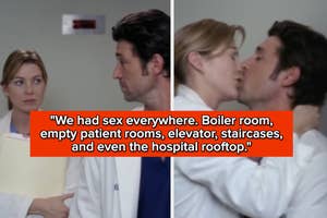 Ellen Pompeo and Patrick Dempsey's characters in a hospital, with a quote discussing their intimate encounters in various hospital locations