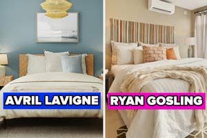 Side-by-side comparison of two cozy bedroom setups labeled "Avril Lavigne" and "Ryan Gosling."