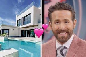 A luxurious modern house with a pool is on the left. A photo of Ryan Reynolds smiling in a suit is on the right. Pink hearts are between the house and Reynolds