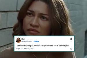 Zendaya looking worried next to a tweet by user @tonyahtopaz that reads, "I been watching Dune for 3 days where TF is Zendaya?!"