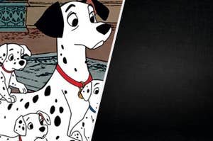 Pongo and Perdita from "101 Dalmatians" with their puppies, sitting together indoors