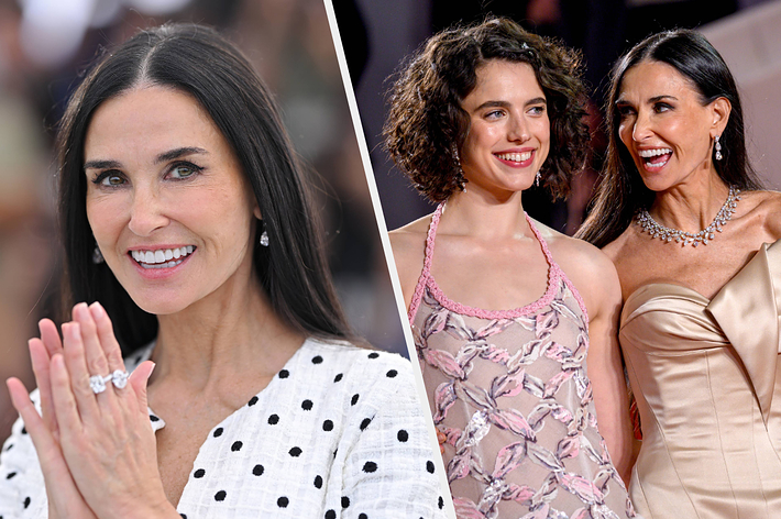 Demi Moore smiles, wearing a polka dot top on the left. On the right, she wears a strapless gown with Margaret Qualley, who wears a patterned dress