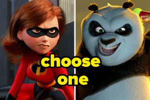 Elastigirl from The Incredibles and Po from Kung Fu Panda side-by-side, with text "choose one" in the center