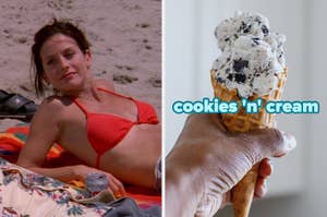 On the left, Monica from Friends lying on the beach, and on the right, someone holding a cookies and cream ice cream cone