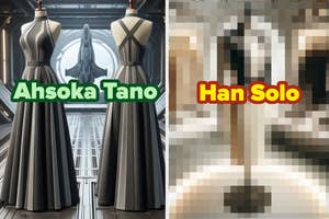 On the left, sleeveless dress with a high collar and symmetrical patterns labeled "Ahsoka Tano." On the right, long robe with light and dark panels blurred out and labeled "Han Solo."
