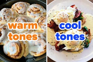 Two dishes are labeled "warm tones" and "cool tones." The left dish features iced cinnamon rolls, while the right dish displays an eggs benedict topped with bacon