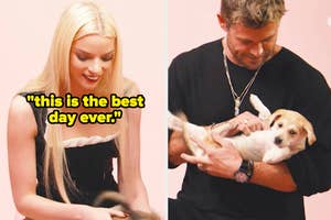 Chris Hemsworth and Anya Taylor-Joy playing with puppies